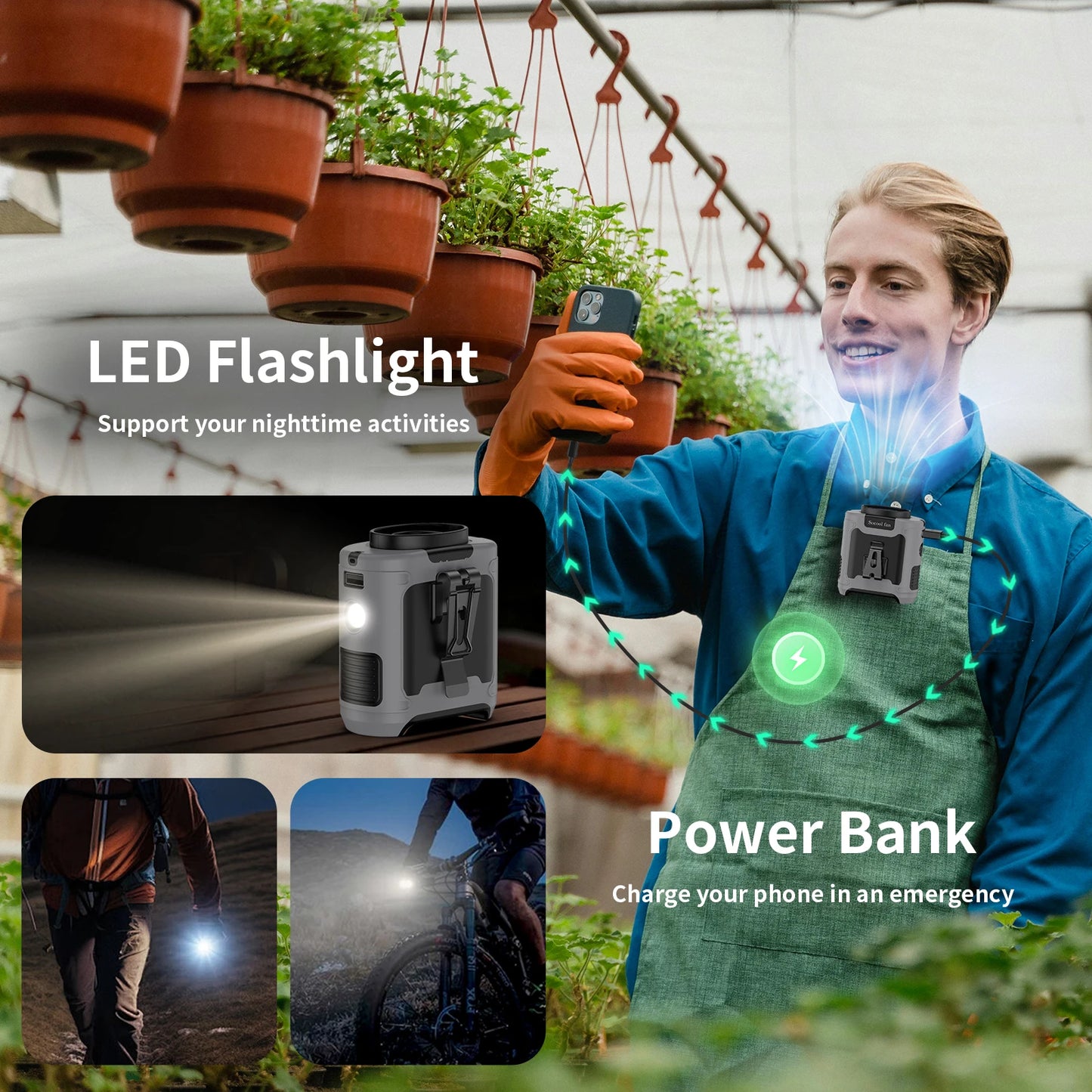 Socool 10000Mah Waist Fan Portable Handheld Hanging Neck Fan Ultra-Strong Wind with Phone Charging LED Light for Outdoor Working